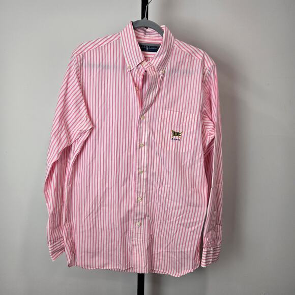 Ralph Lauren Polo Club Long Sleeve Button Down Shirt Pink White Stripe Flag Med - Picture 1 of 6